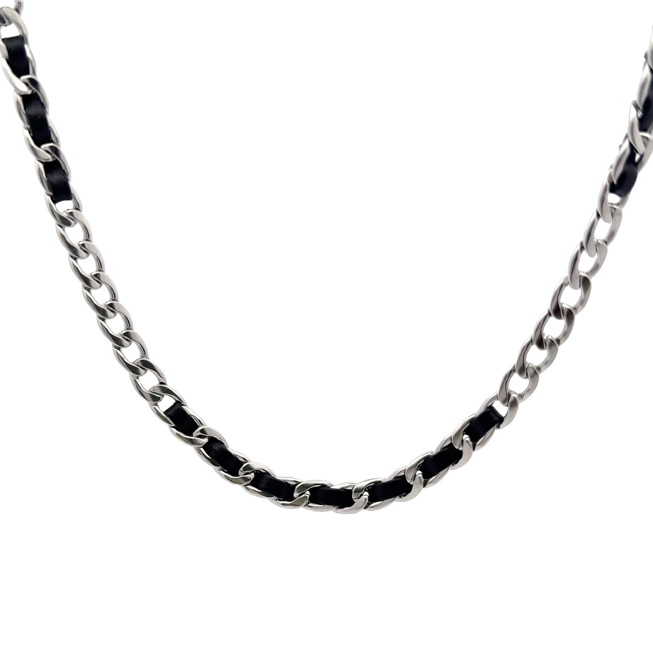 Curb Chain Necklace, Threaded Leather, 7mm