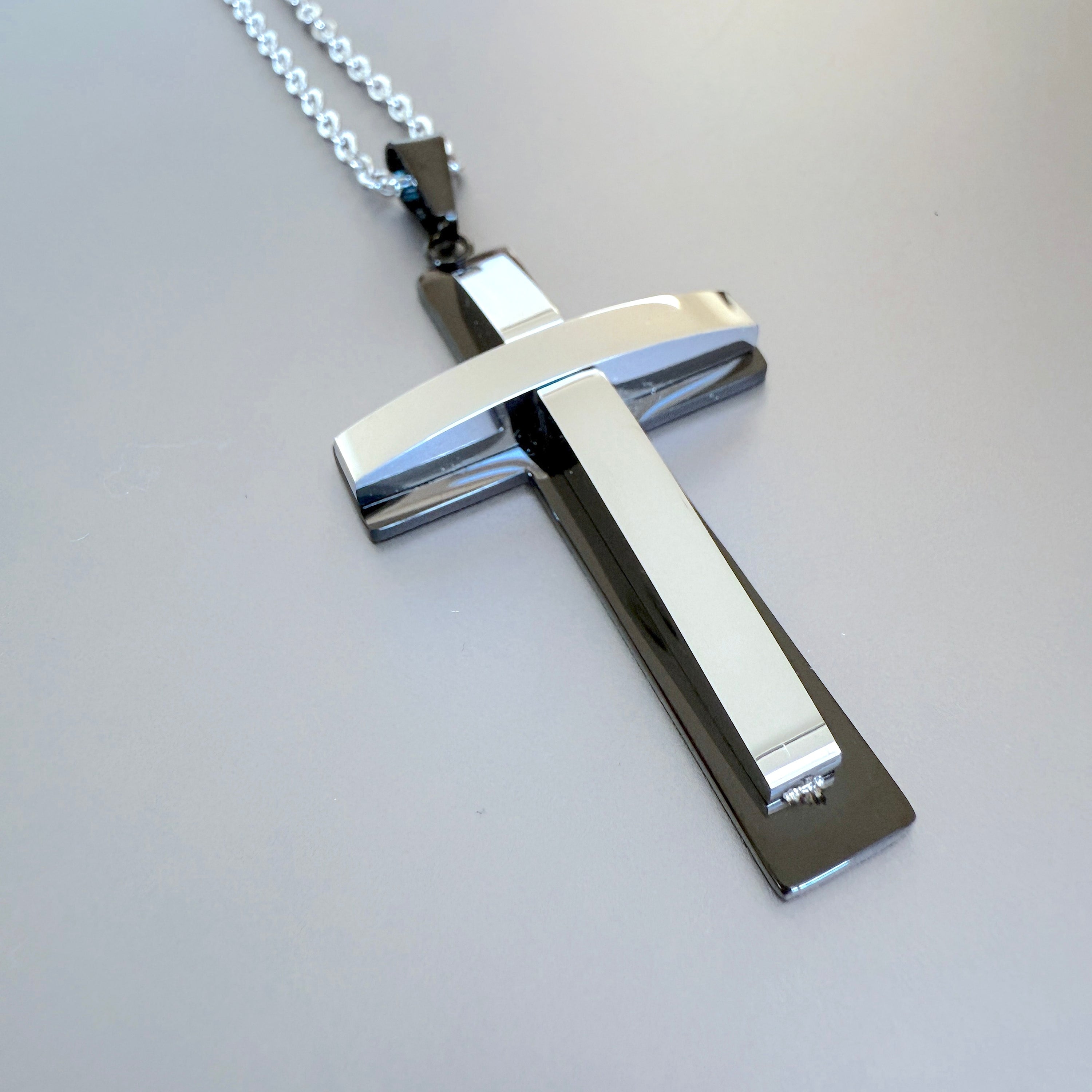 Double Layer Black Silver Cross Pendant, 54mm