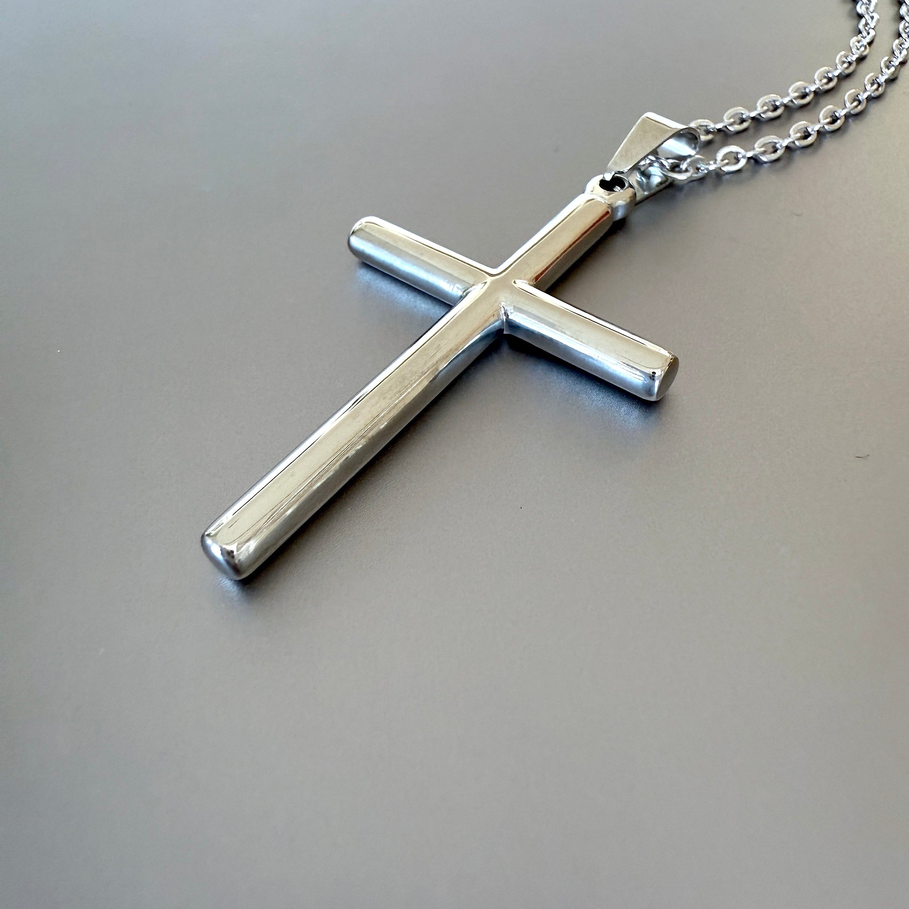 Men's Slim Rounded Cross Pendant Necklace with Chain, 48mm