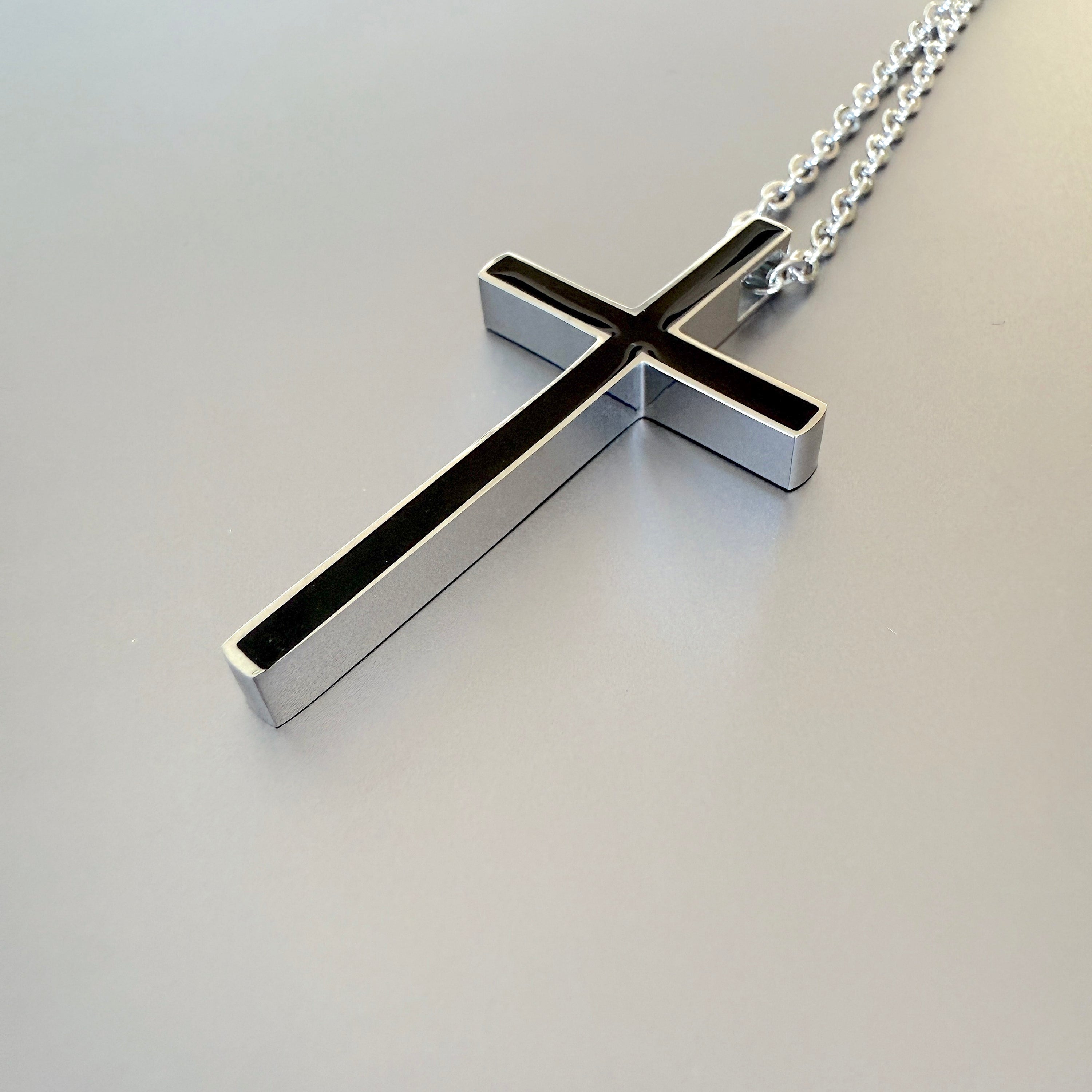 Men's Black Enamel Cross Pendant Necklace with Chain, 45mm