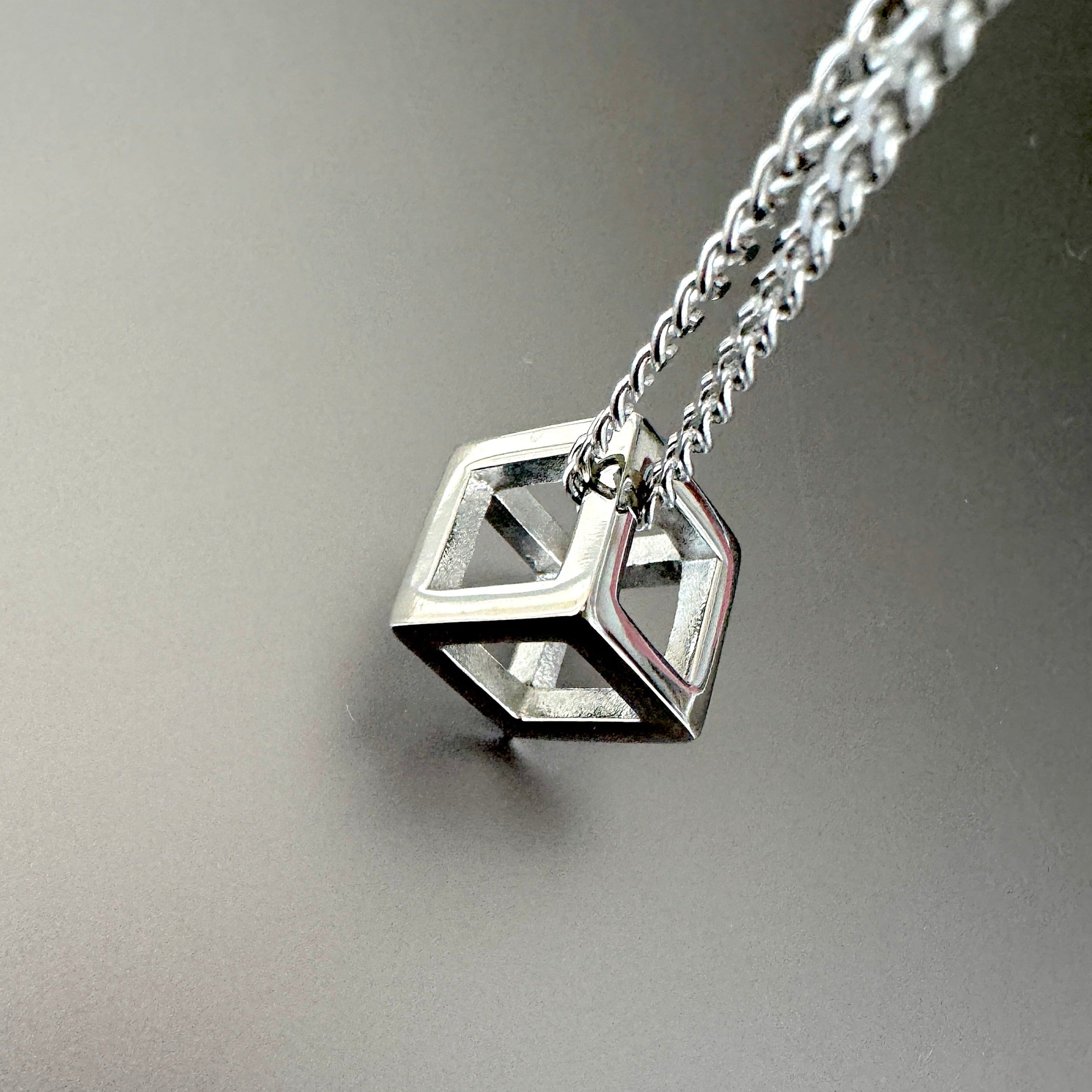 silver hollow cube pendant necklace stainless steel on chain