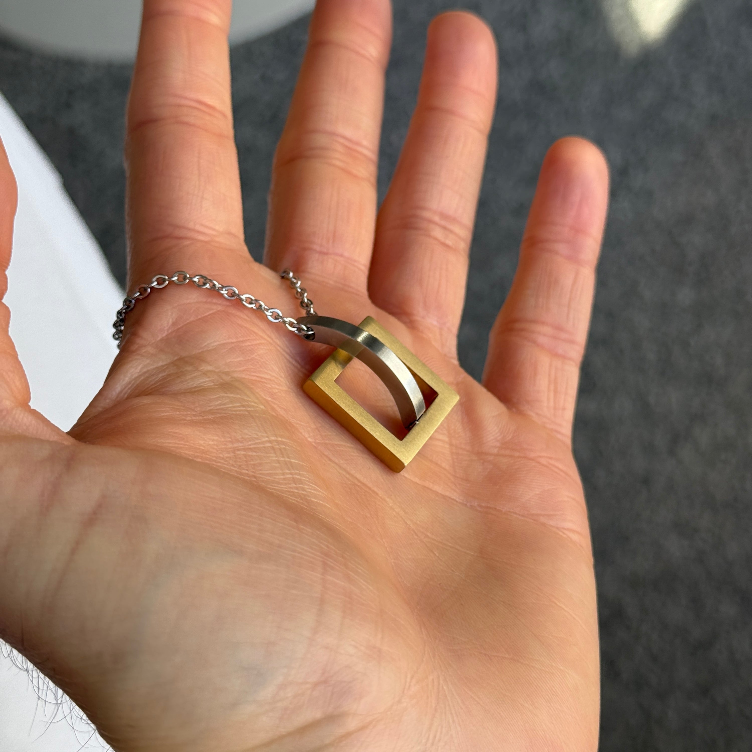 Gold Square with Silver Arc Geometric Pendant