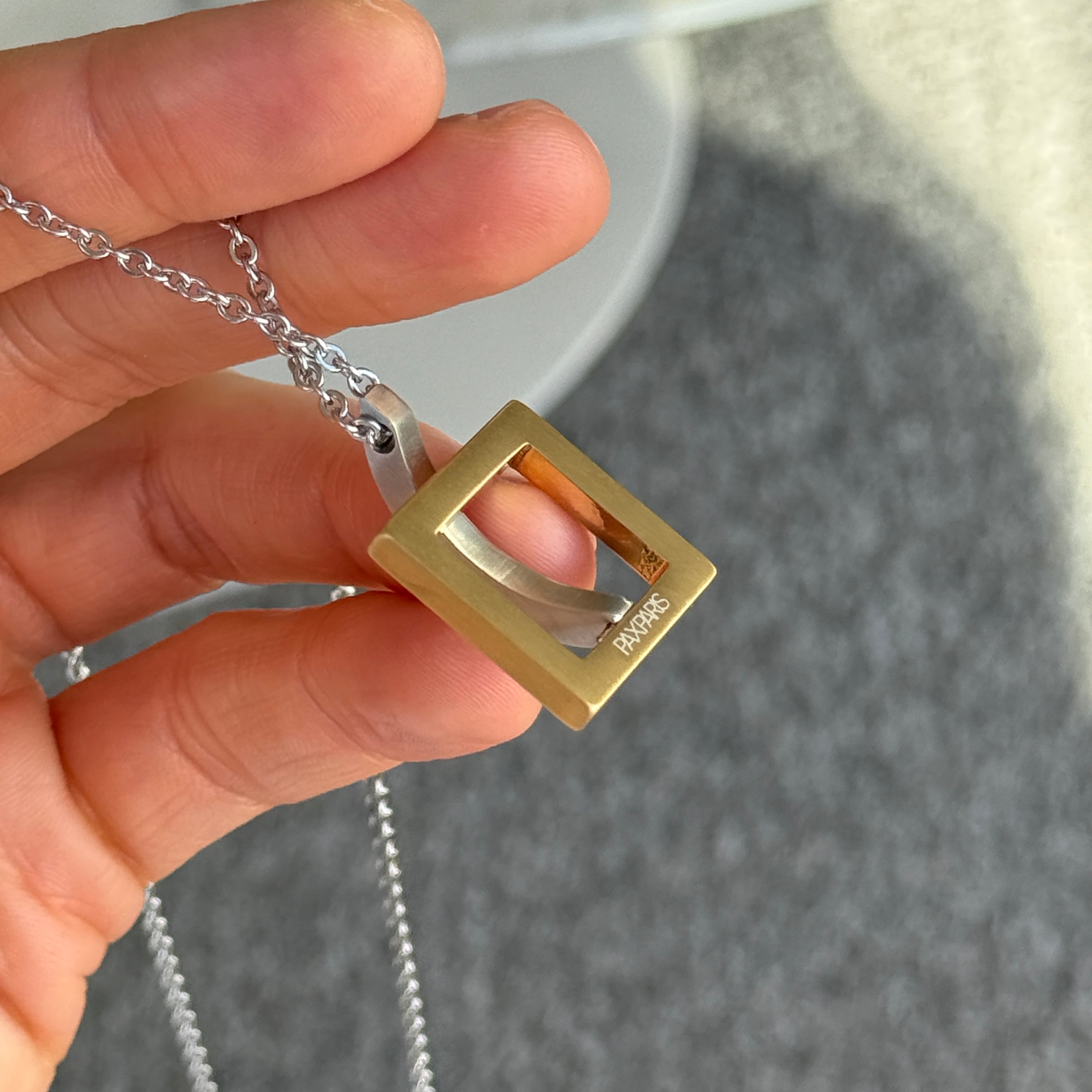 Gold Square with Silver Arc Geometric Pendant
