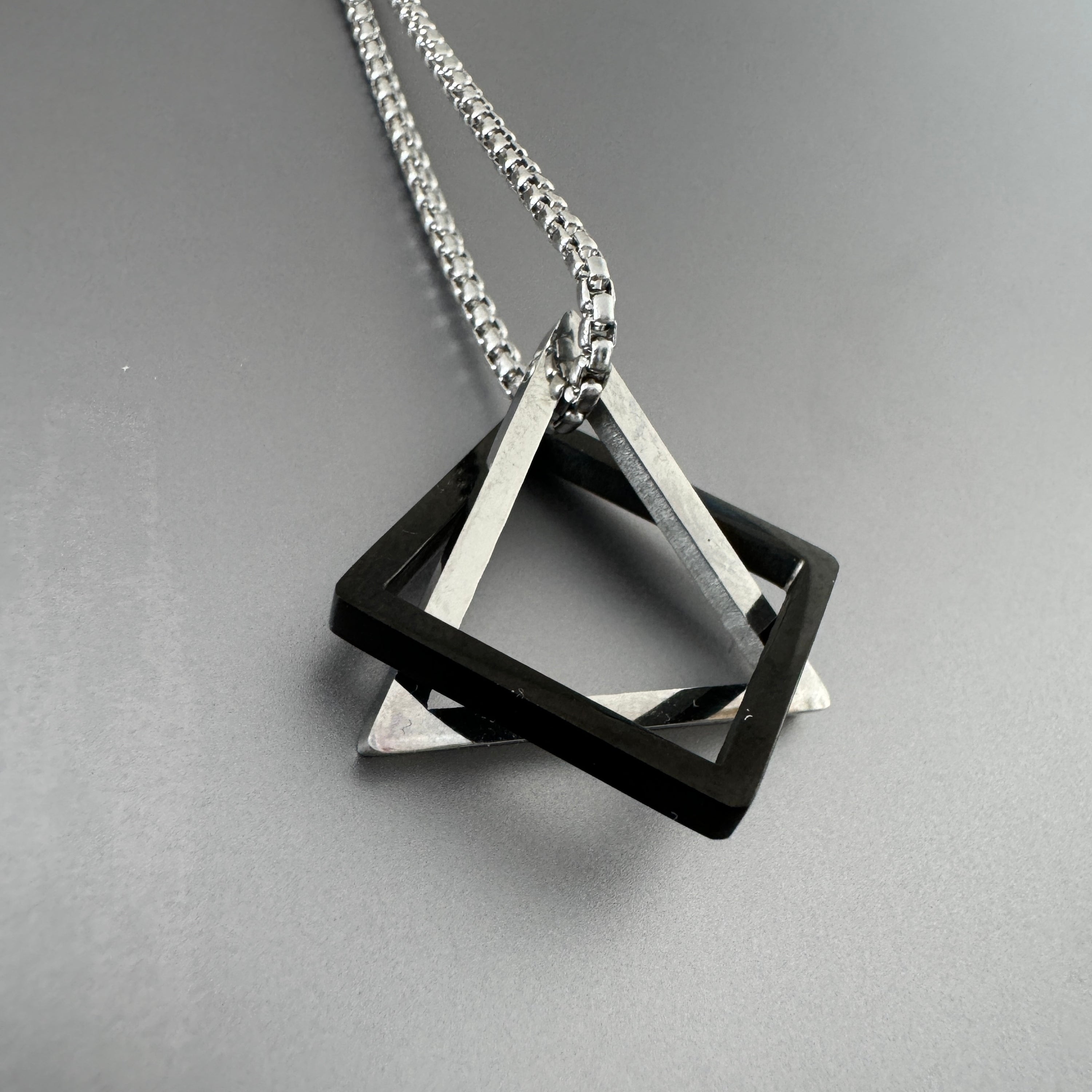 Mens Geometric Interlocking Triangle Square Pendant Necklace black square silver triangle