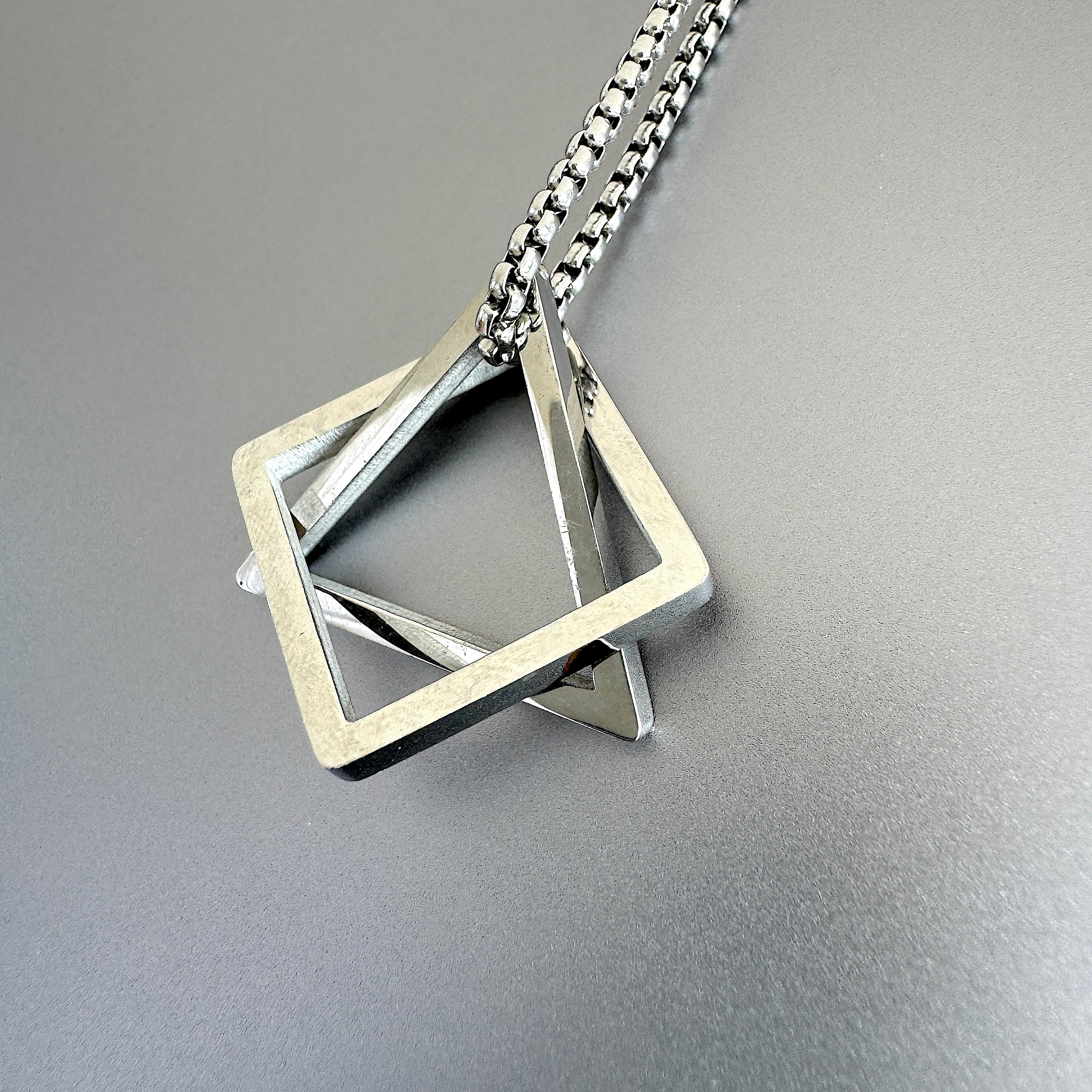 Mens Geometric Interlocking Triangle Square Pendant Necklace silver