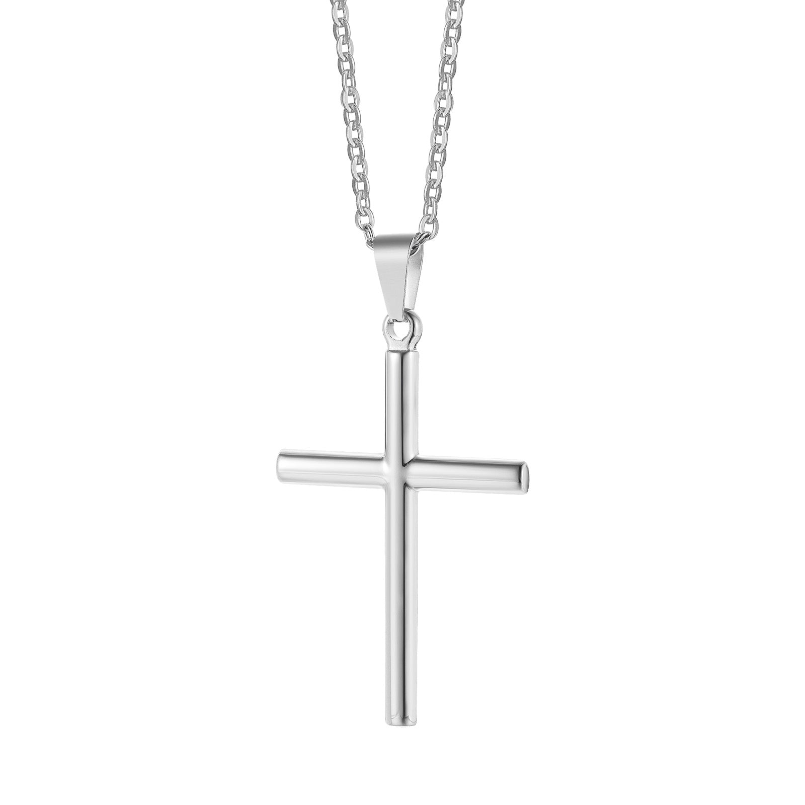 Men's Slim Rounded Cross Pendant Necklace with Chain, 48mm