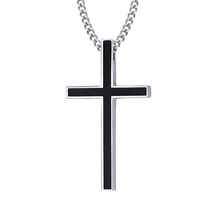 Men's Black Enamel Cross Pendant Necklace with Chain, 45mm