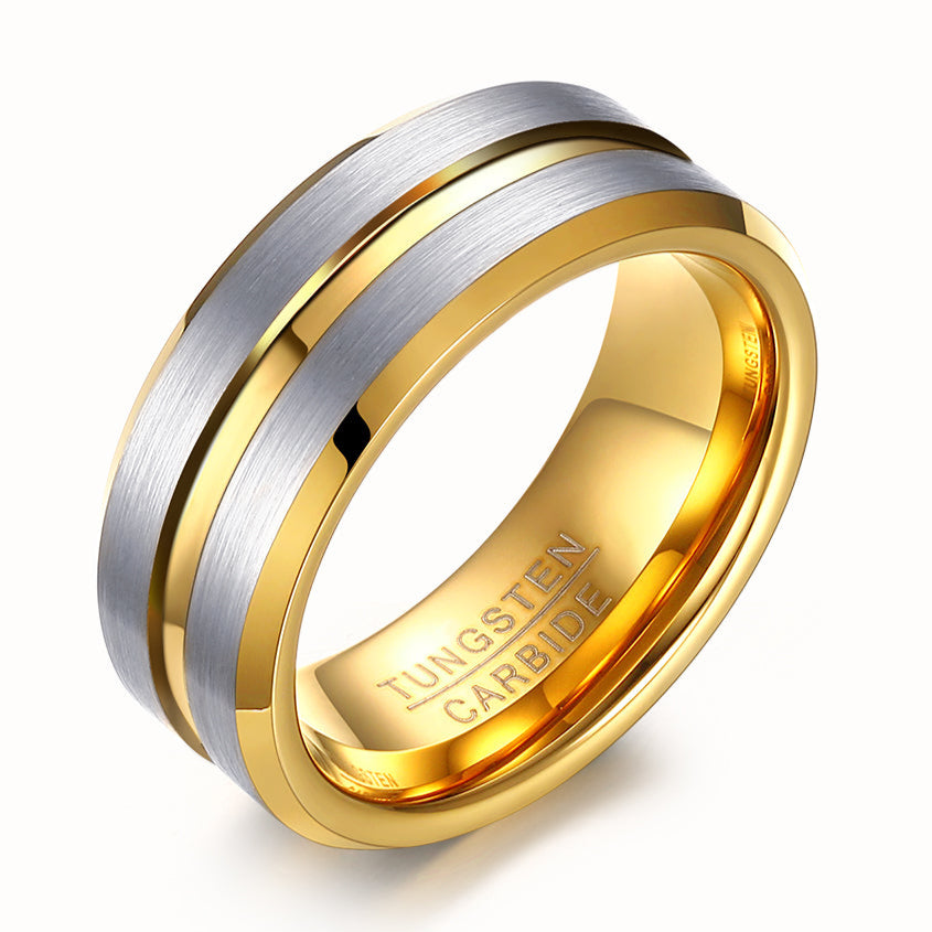 Men's Tungsten Ring - Brushed Silver with Gold, 8mm