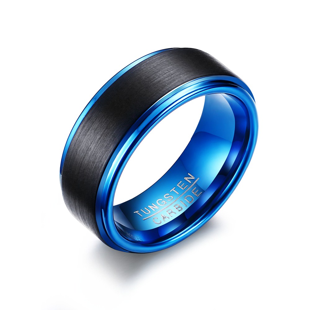 Men's Tungsten Ring - Brushed Black with Electric Blue, 8mm
