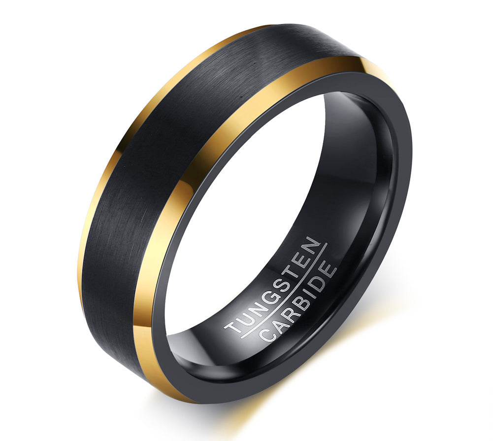 Men's Tungsten Ring - Brushed Black with Gold, 6mm