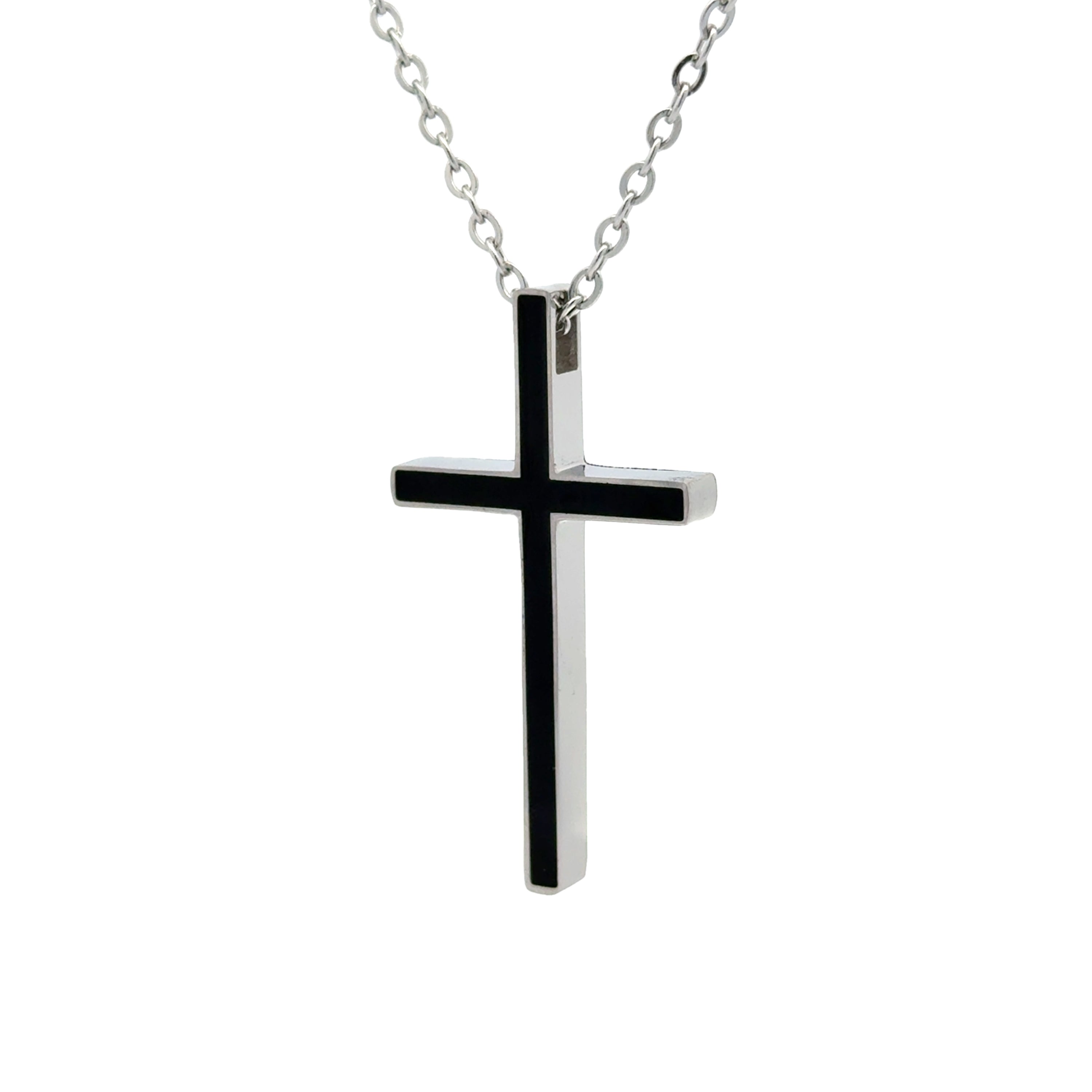 Men's Black Enamel Cross Pendant Necklace with Chain, 45mm