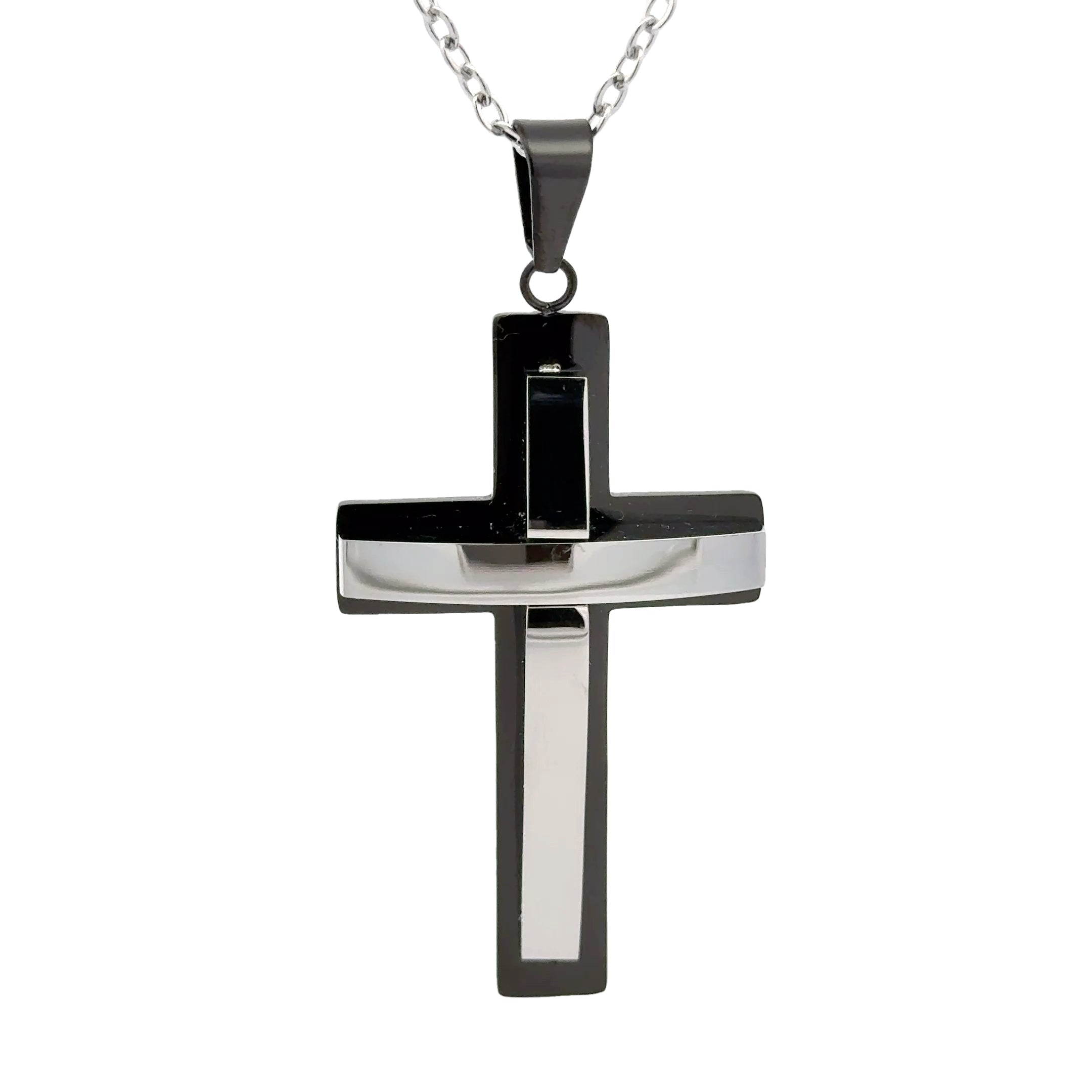 Double Layer Black Silver Cross Pendant, 54mm