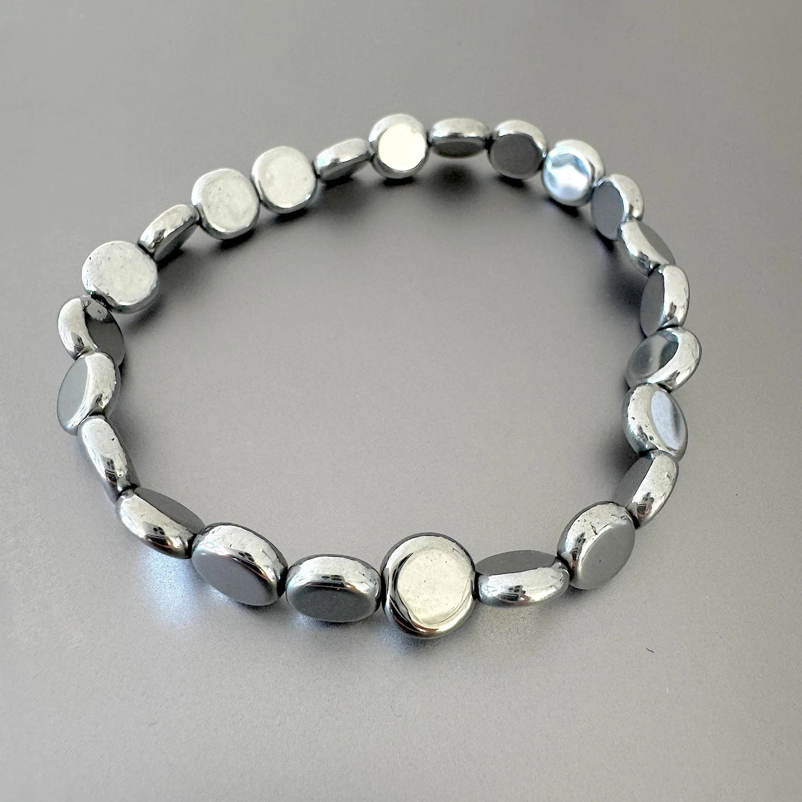 Shiny Hematite Silver Flat Bead Bracelet