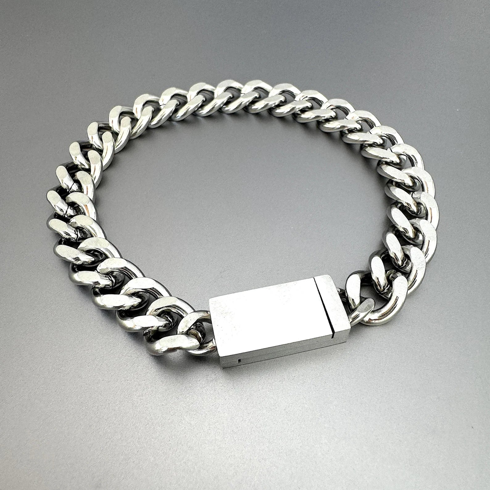 Silver Link Chain Stainless Steel Bracelet with Magnetic Closure