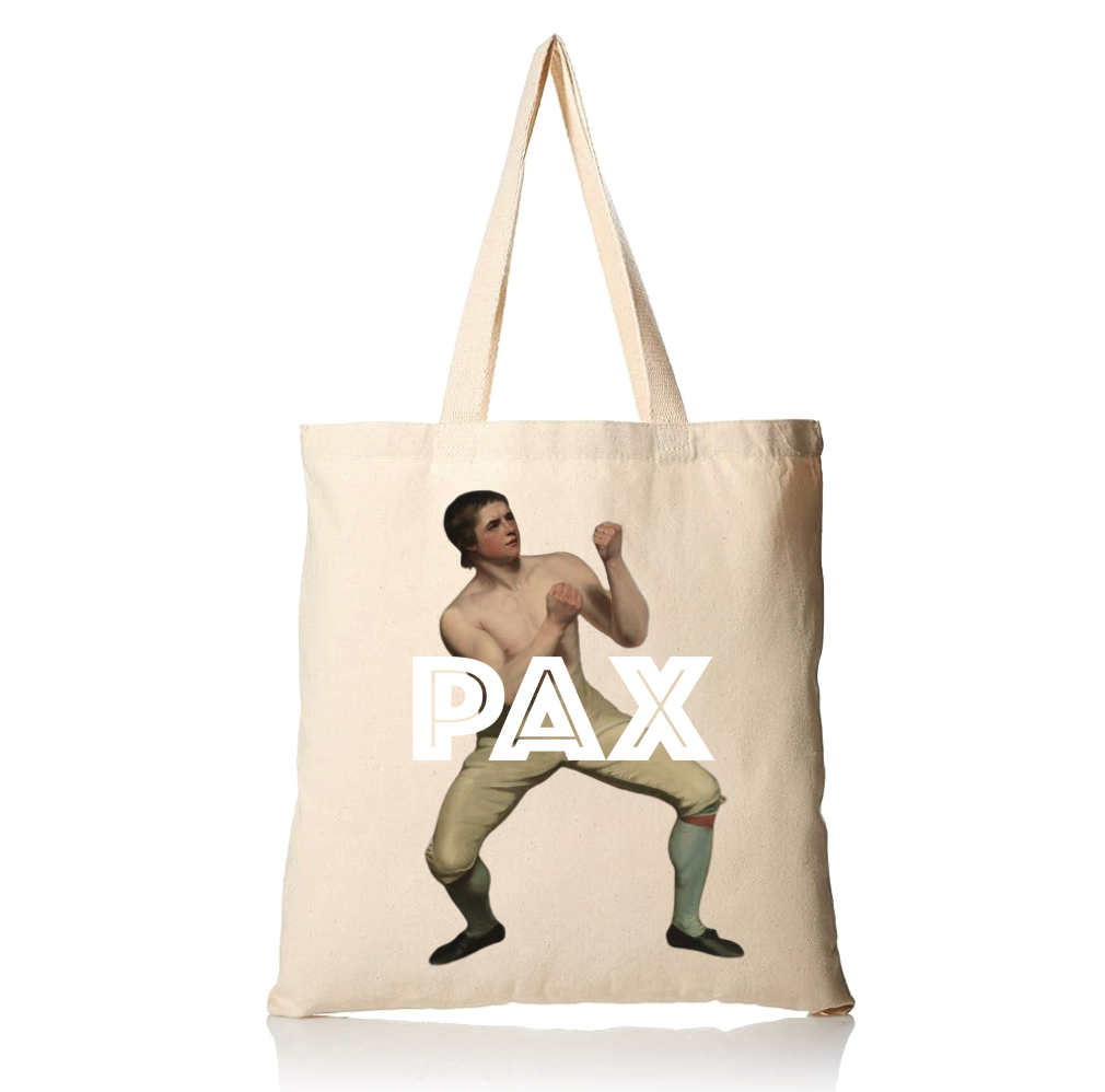 paxparis natural cotton tote bag with boxer and PAX insignia in white