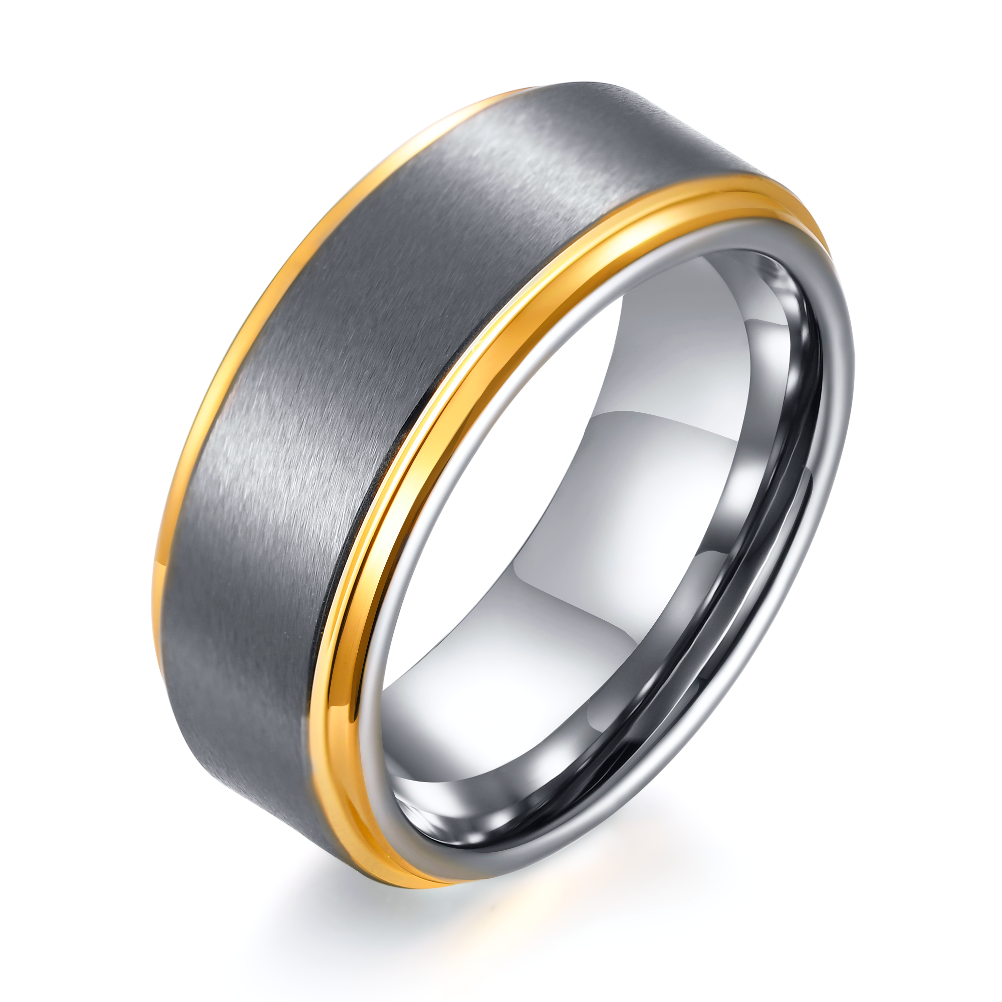 Men's Tungsten Ring - Brushed Grey with Gold Accents, 8mm
